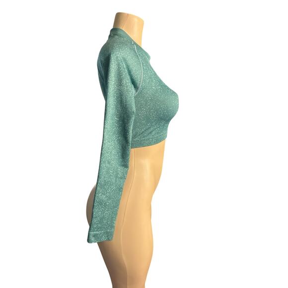Women M Gymshark Seamless Green Cropped Long Sleeve Crewneck Tee Shirt Top - Picture 5 of 6